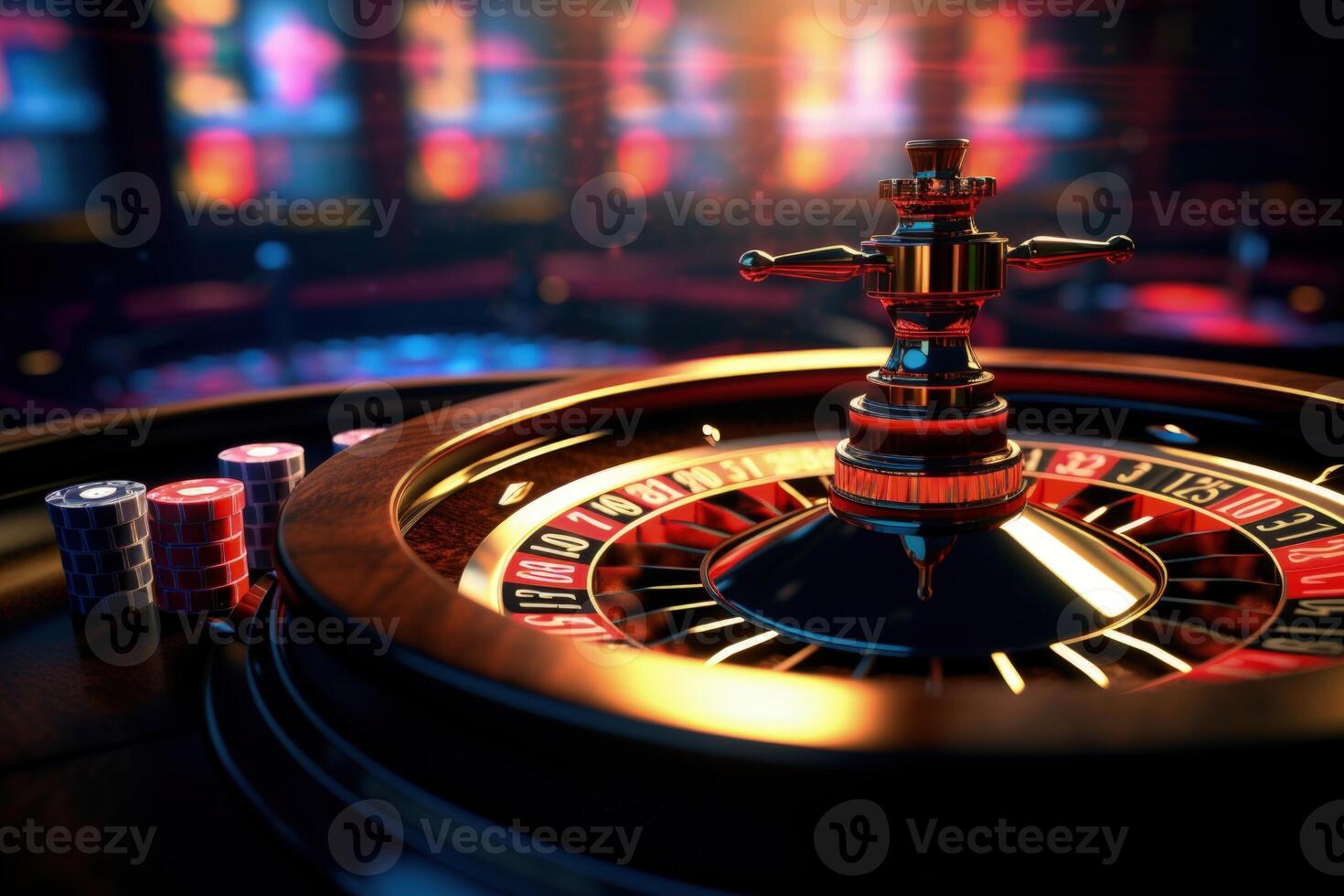 ai gegenereerd hoog contrast beeld van roulette wiel Bij casino. foto