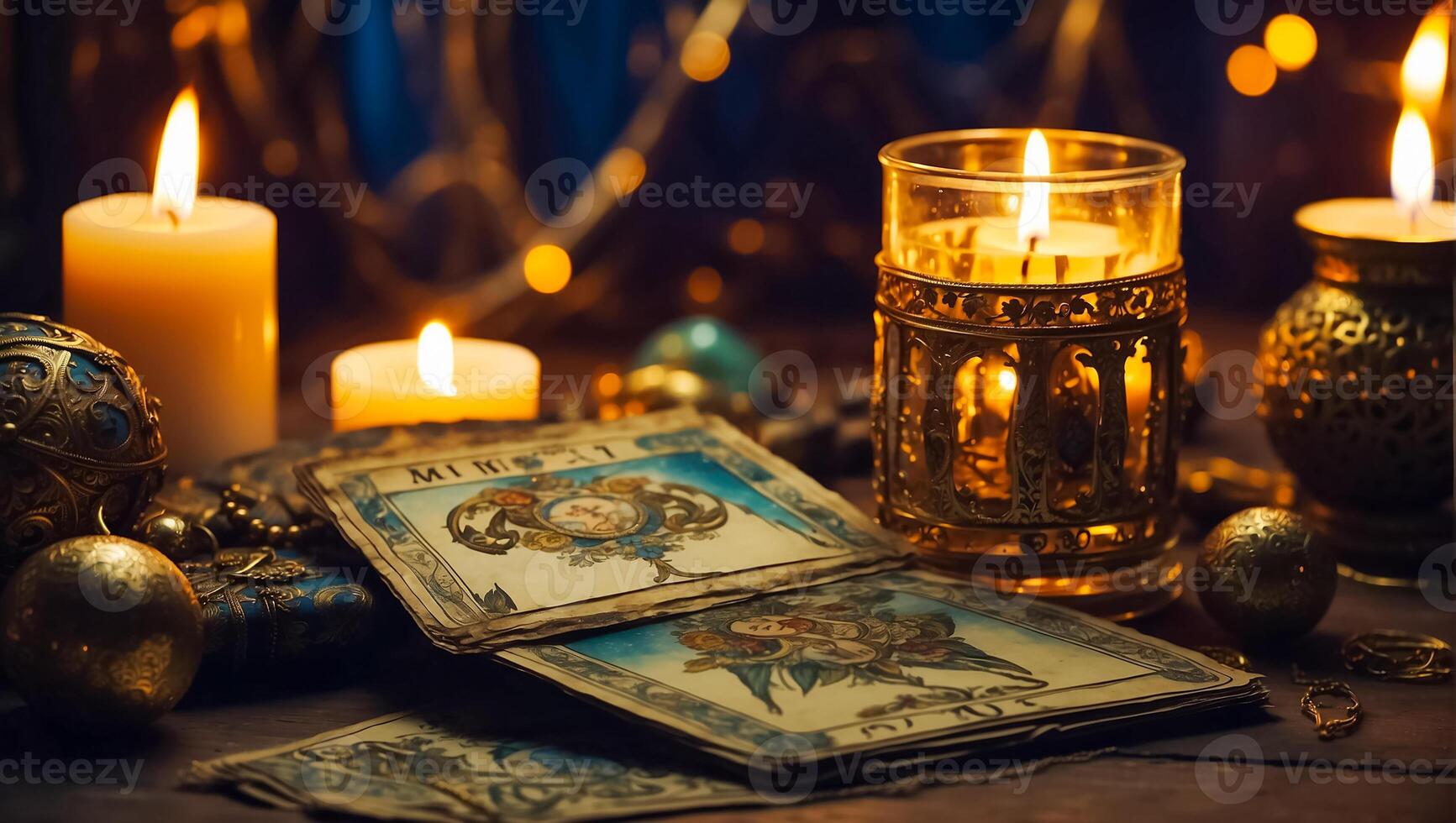 ai gegenereerd tarot kaarten, kaarsen achtergrond foto