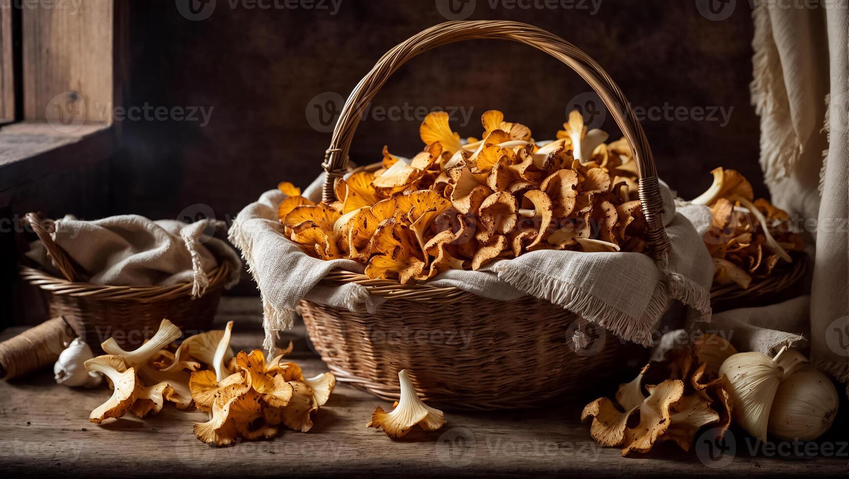 ai gegenereerd rauw chanterelle champignons Aan de oud achtergrond foto