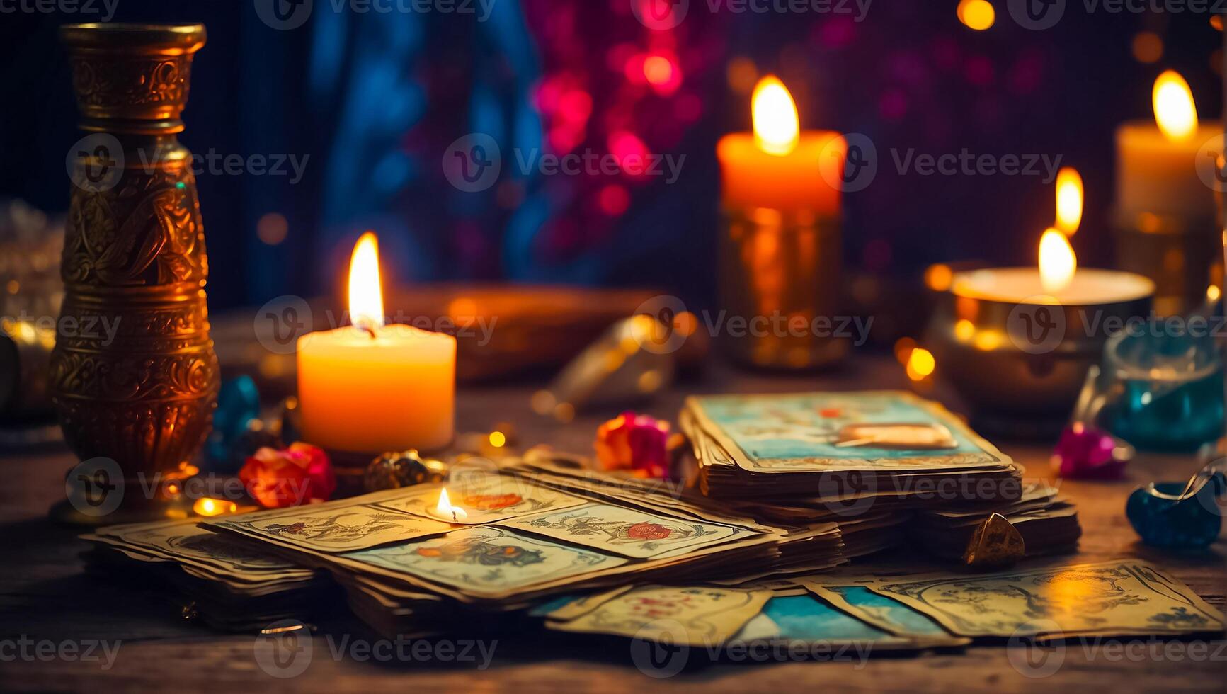 ai gegenereerd tarot kaarten, kaarsen achtergrond foto