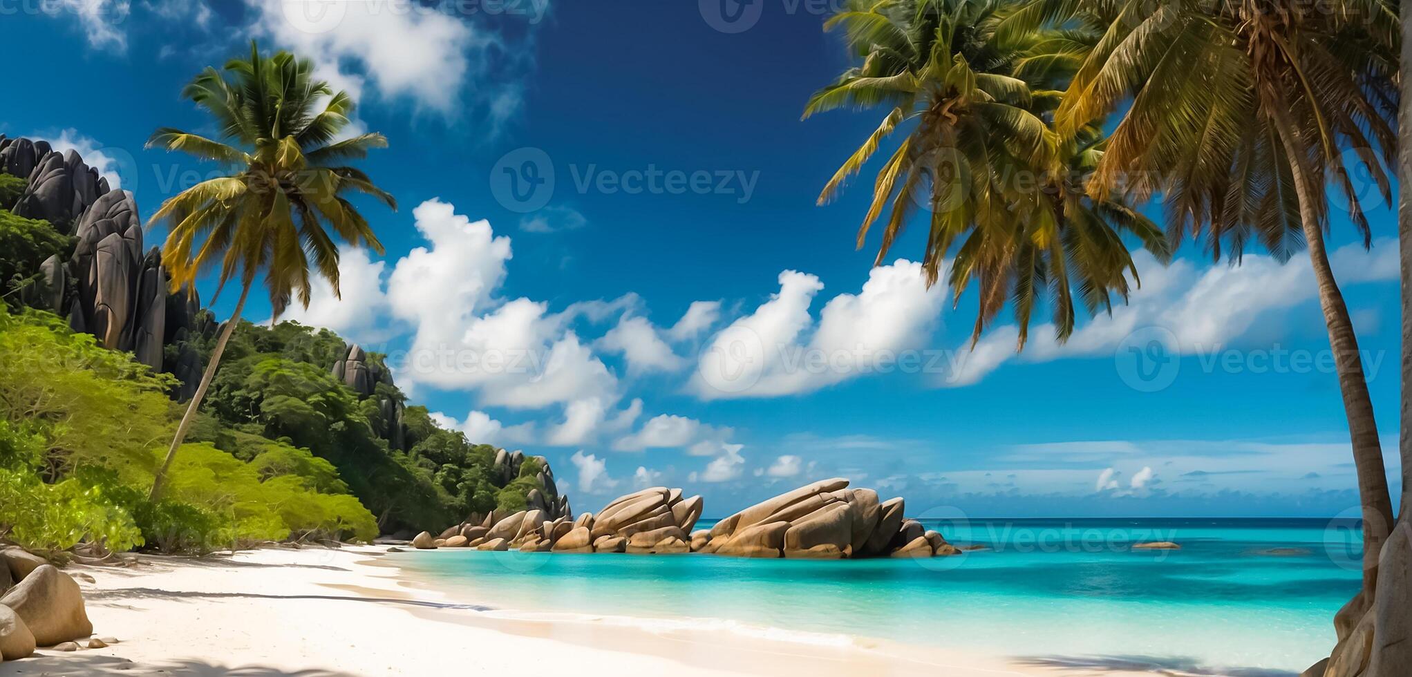 ai gegenereerd prachtig zonnig strand in Seychellen foto