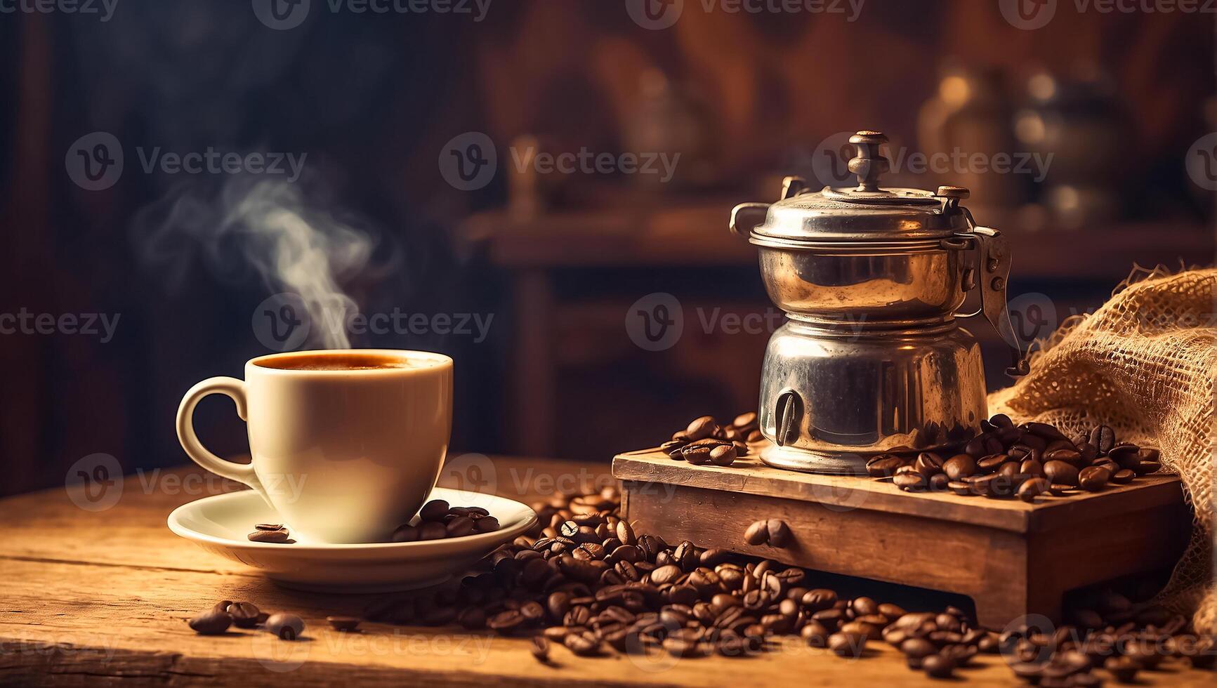 ai gegenereerd kop van koffie, granen wijnoogst achtergrond foto