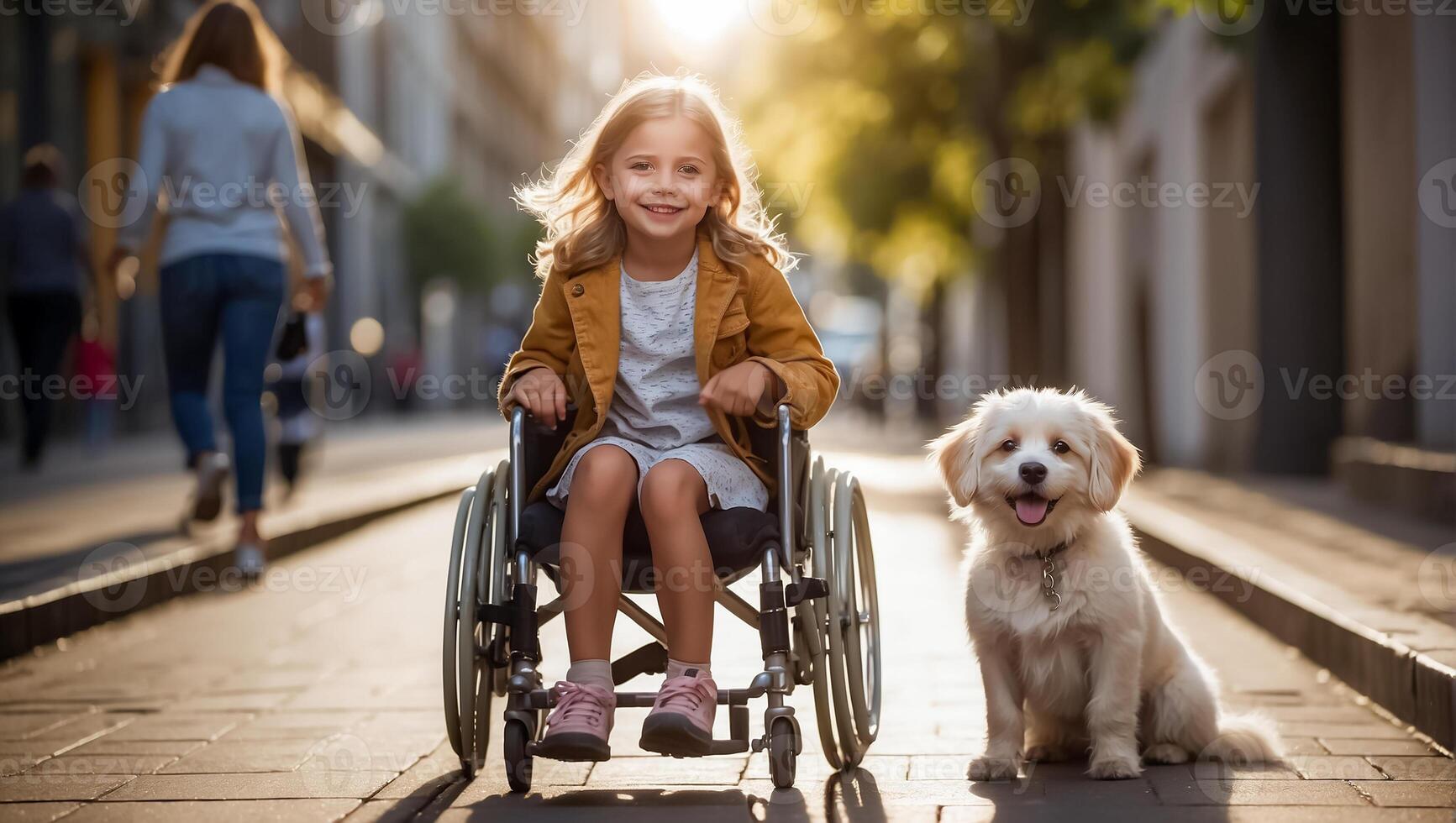 ai gegenereerd weinig meisje in een rolstoel Aan de straat met een hond foto