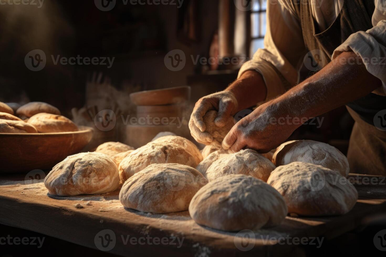 ai gegenereerd de bakker chef kneden de deeg Aan de brood bakken tafel foto