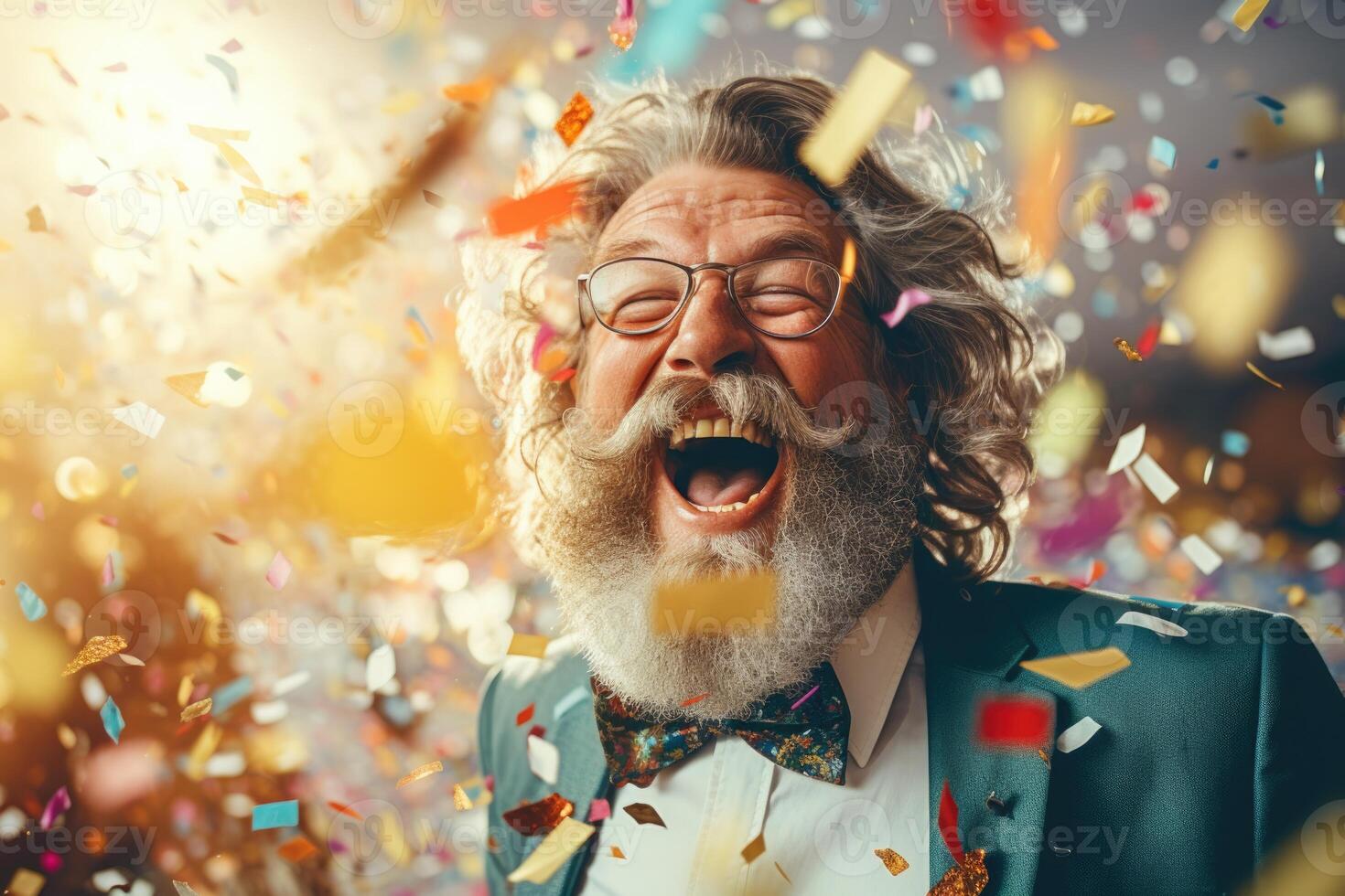 ai gegenereerd een gelukkig ouderen Mens in feestelijk kleding drukt uit zijn emoties terwijl confetti vliegt Bij hem foto