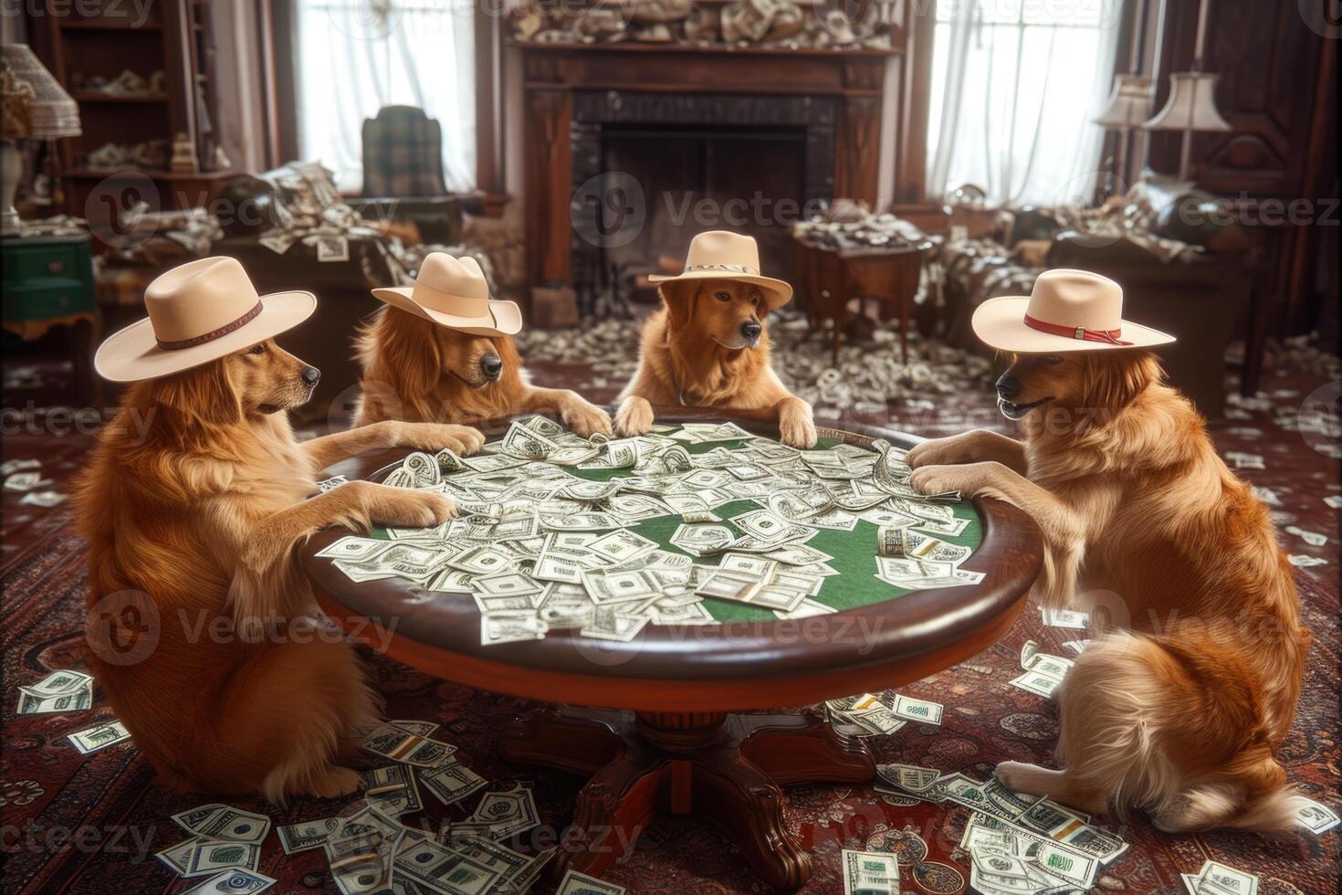 ai gegenereerd een groep van honden in hoeden zitten Bij een tafel en Speel poker. casino foto