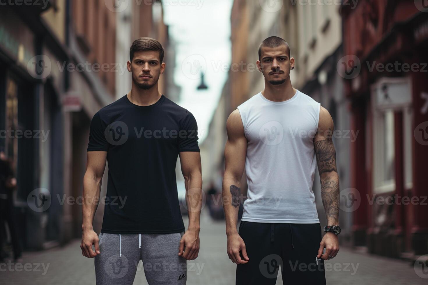 ai gegenereerd twee volwassen atletisch mannen zelfverzekerd in zich, staand Aan de straat van de stad gedurende de dag foto