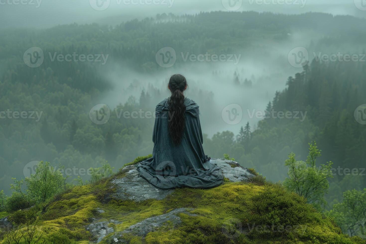 ai gegenereerd een vrouw in een antiek jurk staat Aan de rand van een klif en looks in de afstand. mythe, fantastisch fotografie foto