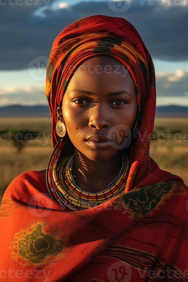 ai gegenereerd portret van een Afrikaanse meisje in nationaal kleren en in een nationaal hoofdtooi Aan de achtergrond van de savanne foto