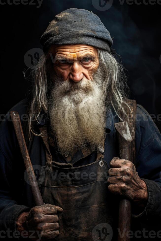 ai gegenereerd portret van een ouderen mannetje professioneel smid Aan een zwart achtergrond foto