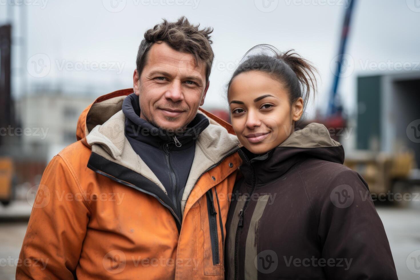 ai gegenereerd portret van twee professioneel ingenieurs of technici staand in de achtergrond van een bouw plaats foto