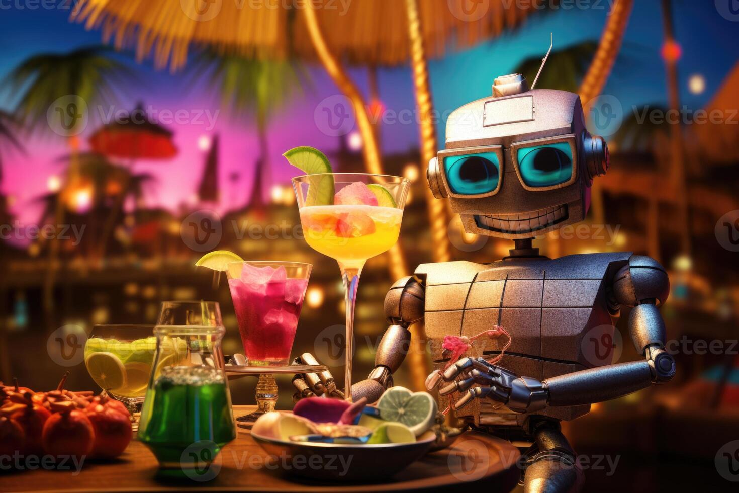 ai gegenereerd de robot is resting Aan een zonnebank in de buurt de zee drinken drankjes foto