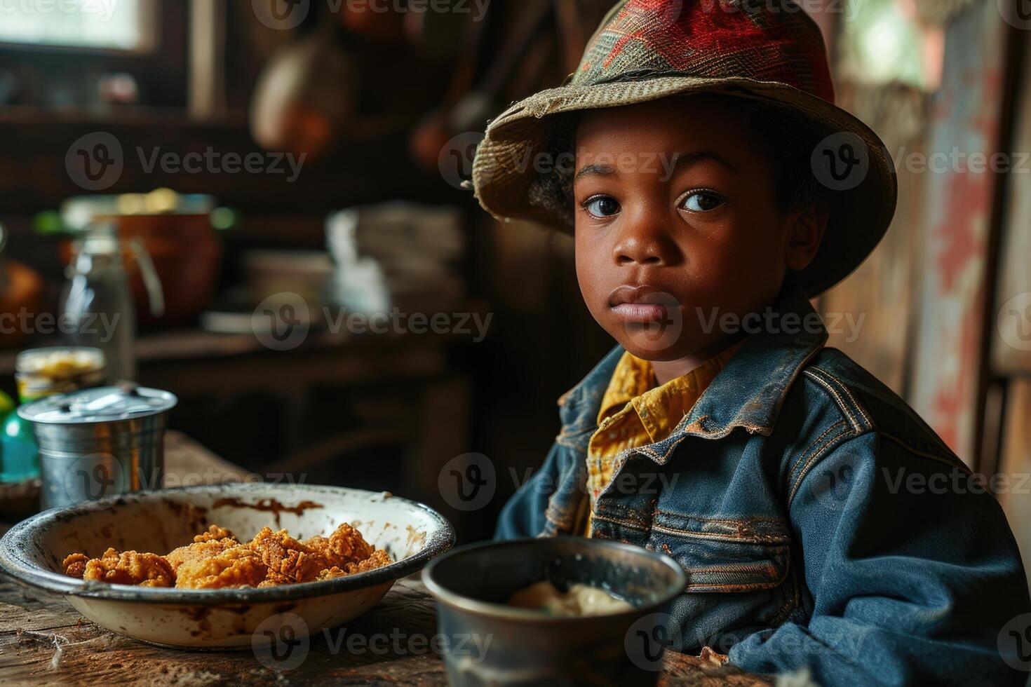 ai gegenereerd een kind is in de keuken Bij de tafel met voedsel. eigengemaakt voedsel. lunch foto