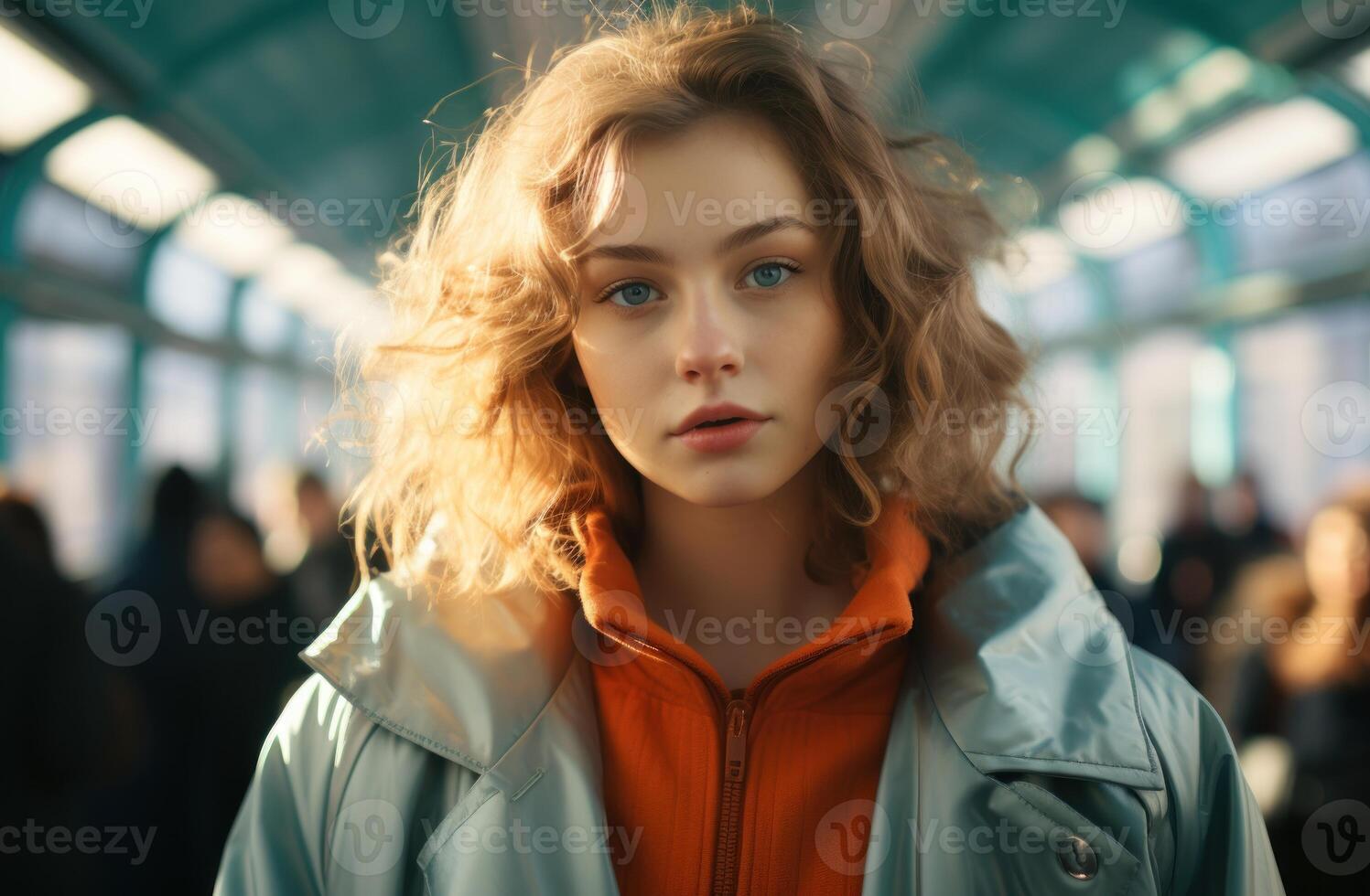 ai gegenereerd jong vrouw staat Aan trein platform, openbaar vervoer stad afbeelding foto