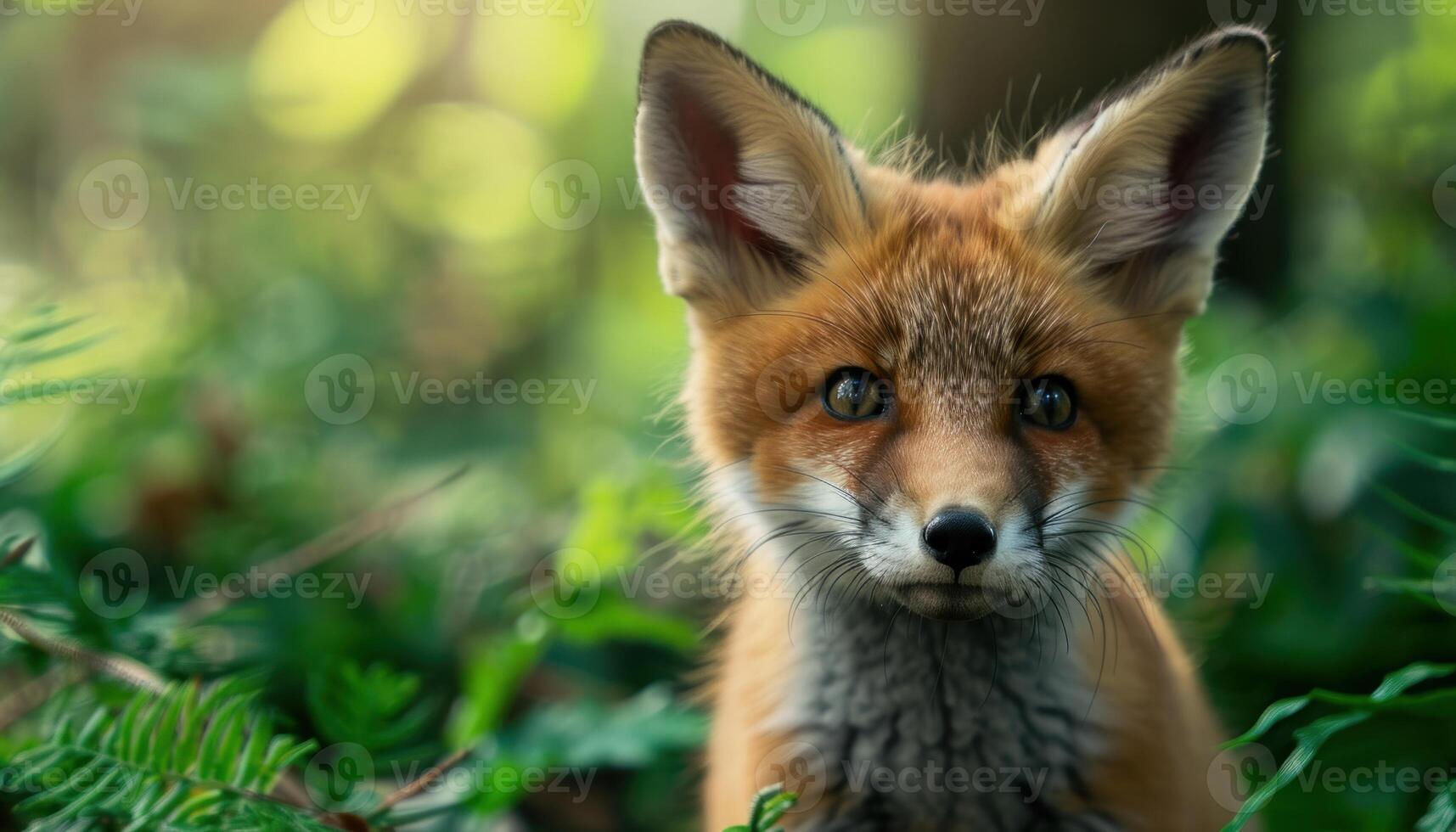 ai gegenereerd nieuwsgierig rood vos pup verkennen de groen Woud, baby dieren afbeelding foto