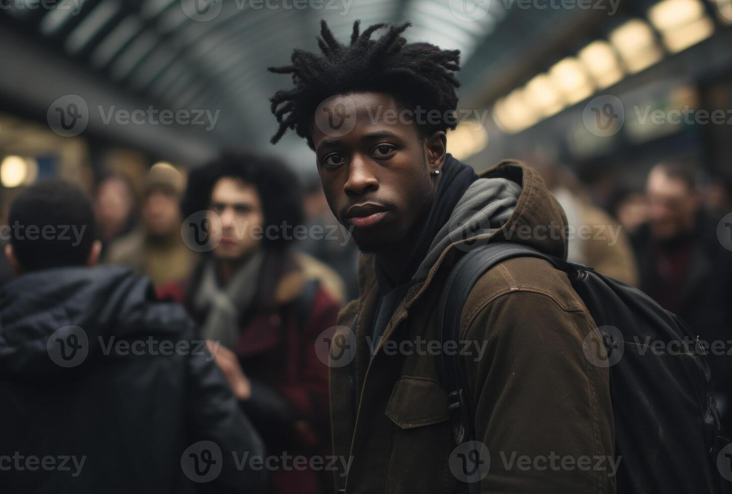 ai gegenereerd zwart Mens Bij trein station observeren een bruisend menigte van verschillend mensen, openbaar vervoer stad afbeelding foto