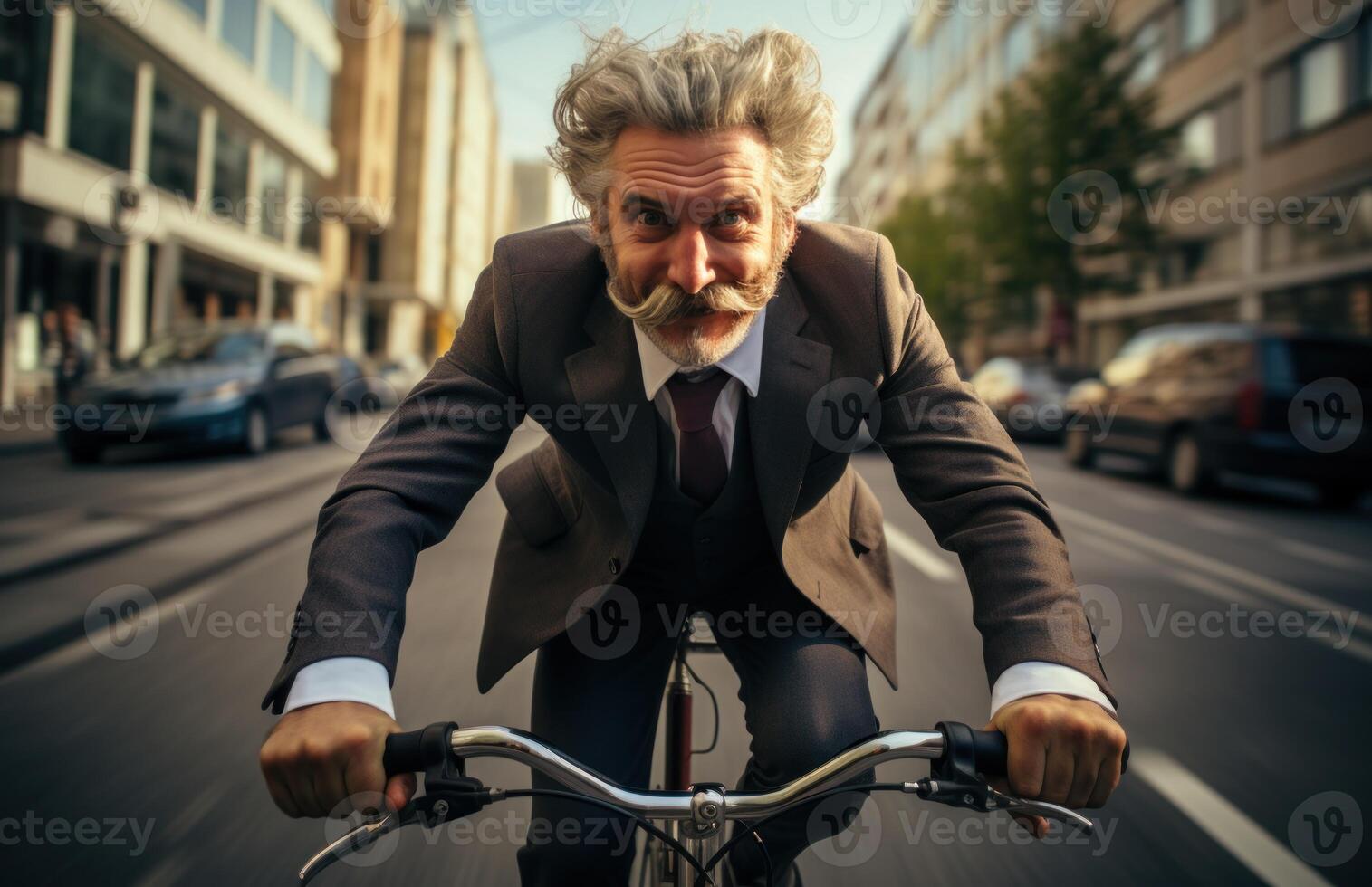 ai gegenereerd zakenman fietsen vol vertrouwen Aan een stad straat, openbaar vervoer stad afbeelding foto