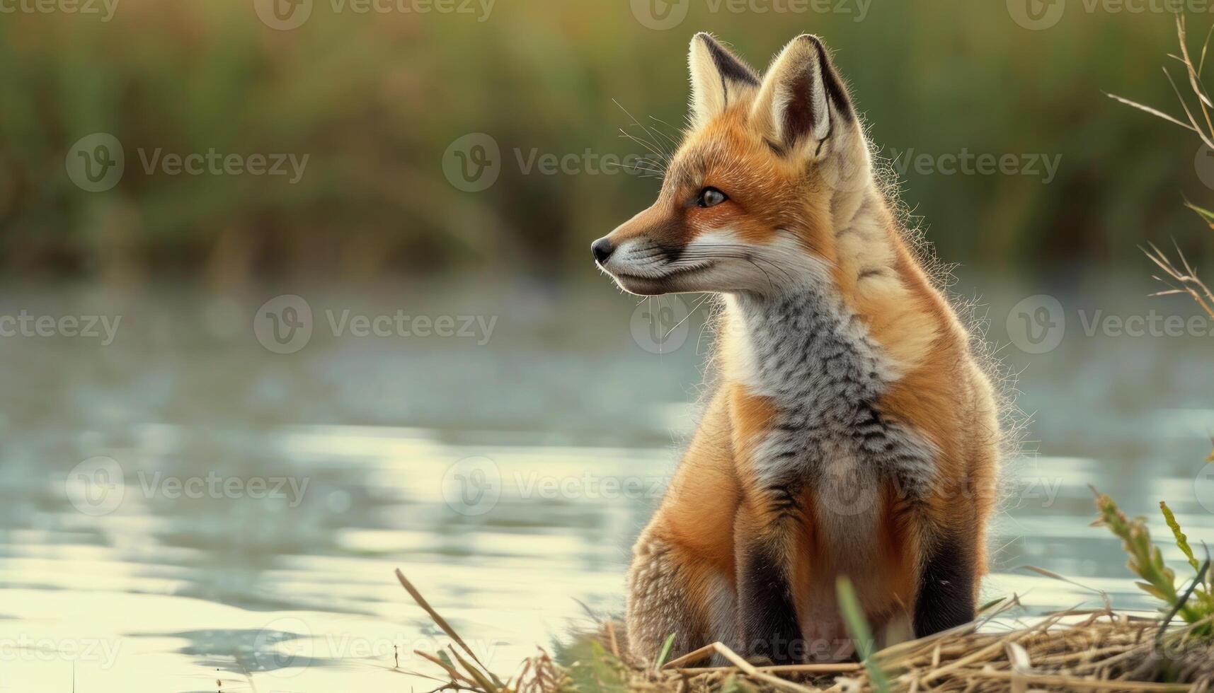 ai gegenereerd nieuwsgierig rood vos pup verkennen door de water Bij een sereen meer, baby dieren beeld foto