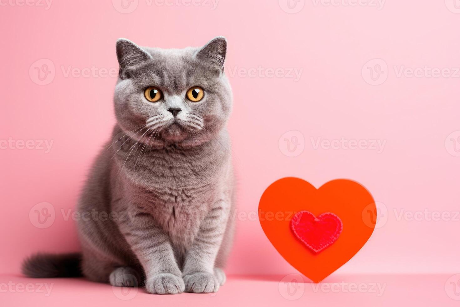 ai gegenereerd portret van een schattig weinig huiselijk kat Aan een roze achtergrond met rood liefde hart. foto