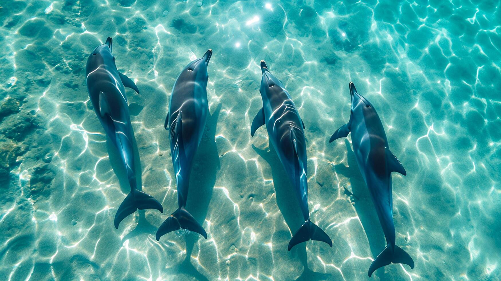 ai gegenereerd foto van vier dolfijnen zwemmen sierlijk door turkoois wateren. de water is zo Doorzichtig dat de lichamen van de dolfijnen zijn zichtbaar van bovenstaand de oppervlakte ai gegenereerd