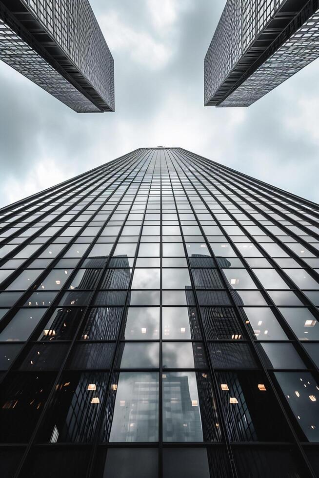 ai gegenereerd beeld shows hoog wolkenkrabber bereiken in een bewolkt lucht. de gebouw is gebouwd met reflecterende glas panelen dat spiegel de omgeving gebouwen en lucht ai gegenereerd foto