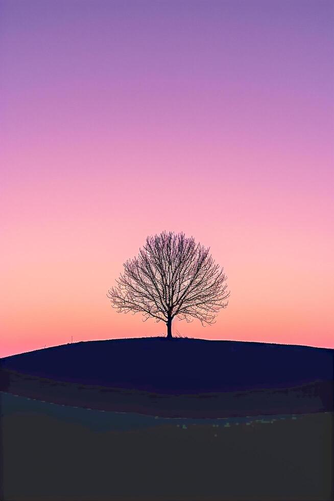 ai gegenereerd eenzaam boom aftekenen tegen een helling zonsondergang lucht ai gegenereerd foto