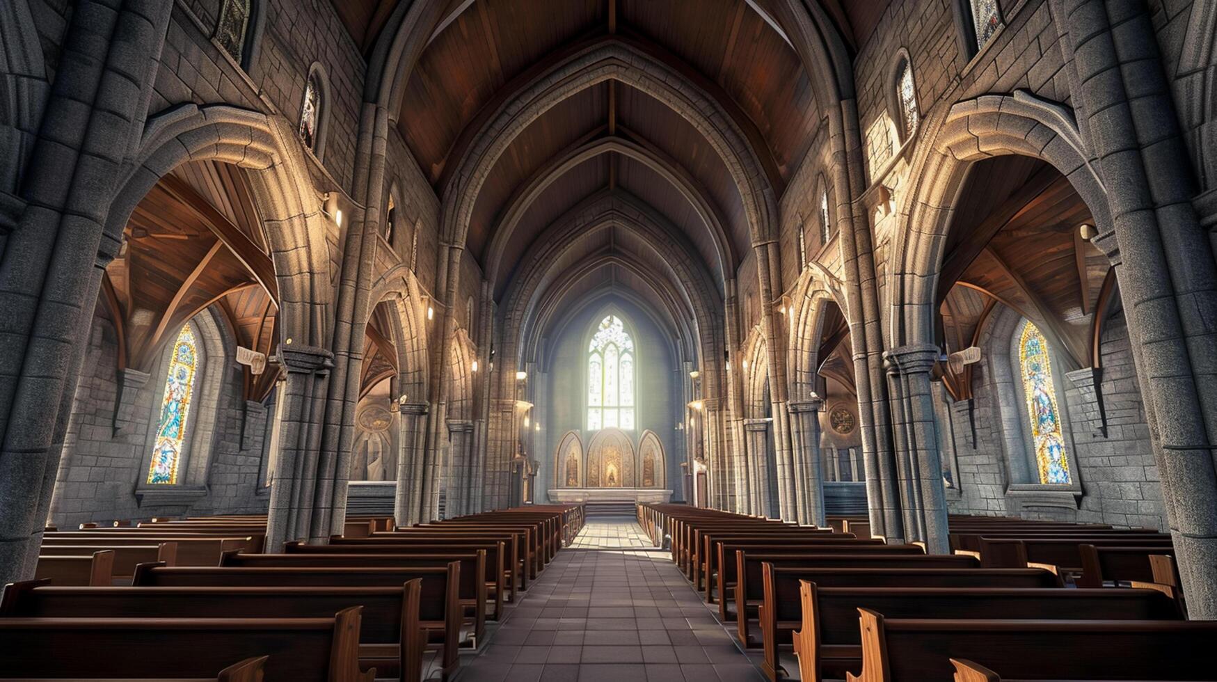 ai gegenereerd beeld van groots kathedraal interieur met torenhoog steen bogen. hout kerkbanken zou moeten worden uitgelijnd ai gegenereerd foto