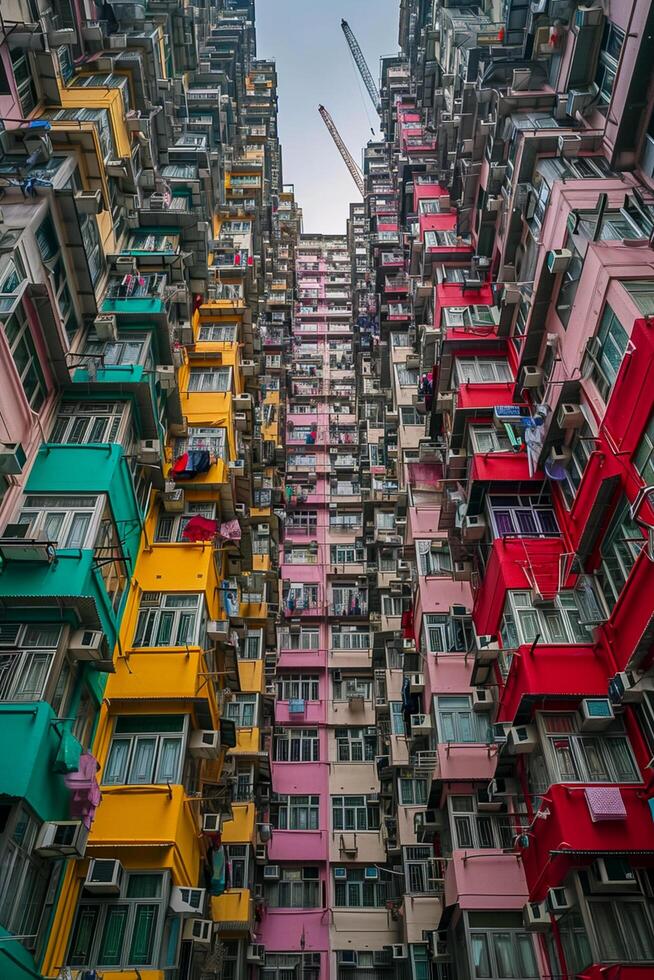 ai gegenereerd beeld vangt dicht Ingepakt, kleurrijk appartement gebouw met balkons. ai gegenereerd foto