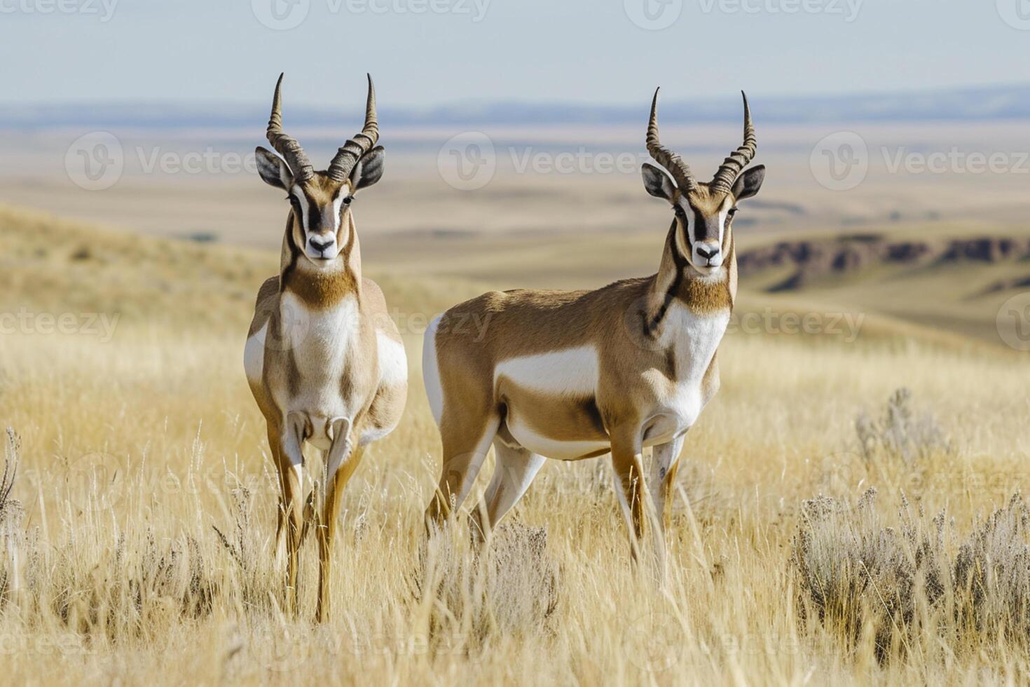 ai gegenereerd twee hert pronghoorns in een droog grasland instelling ai gegenereerd foto