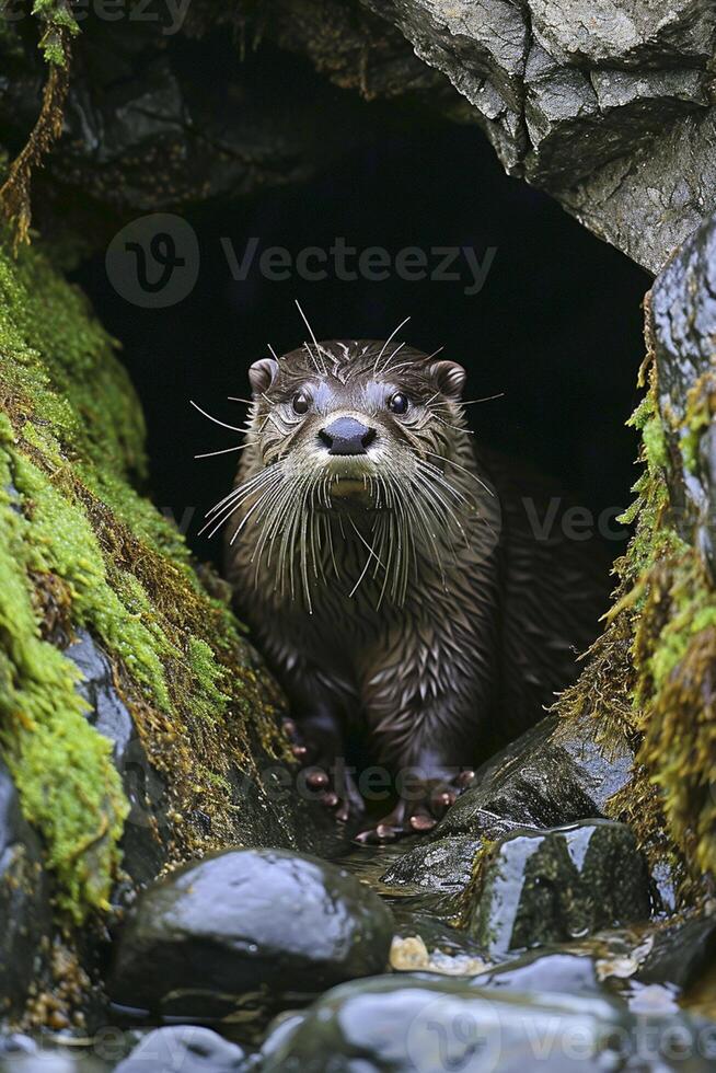 ai gegenereerd Otter met nat vacht opkomend van een rotsachtig hol omringd door rotsen gedekt in groen mos ai gegenereerd foto