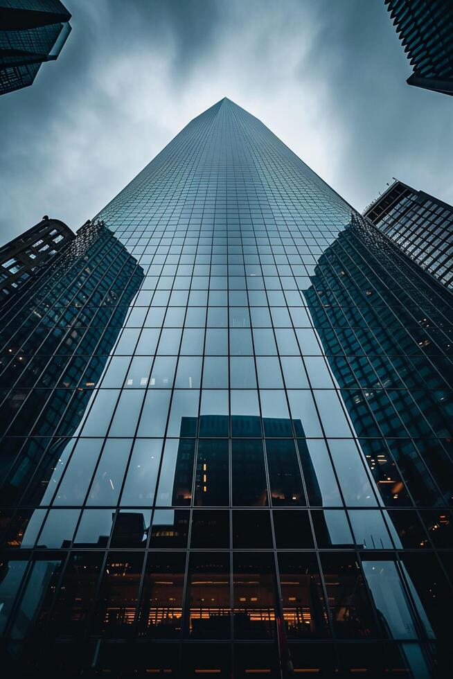 ai gegenereerd beeld shows hoog wolkenkrabber bereiken in een bewolkt lucht. de gebouw is gebouwd met reflecterende glas panelen dat spiegel de omgeving gebouwen en lucht ai gegenereerd foto