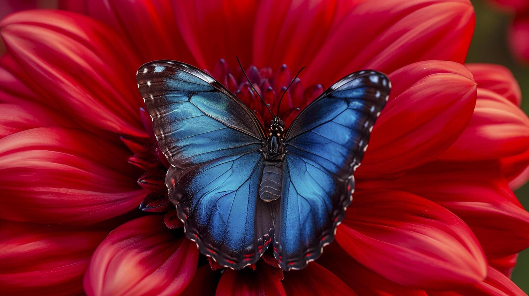 ai gegenereerd blauw en zwart vlinder resting Aan de bloemblad van een helder rood bloem ai gegenereerd foto