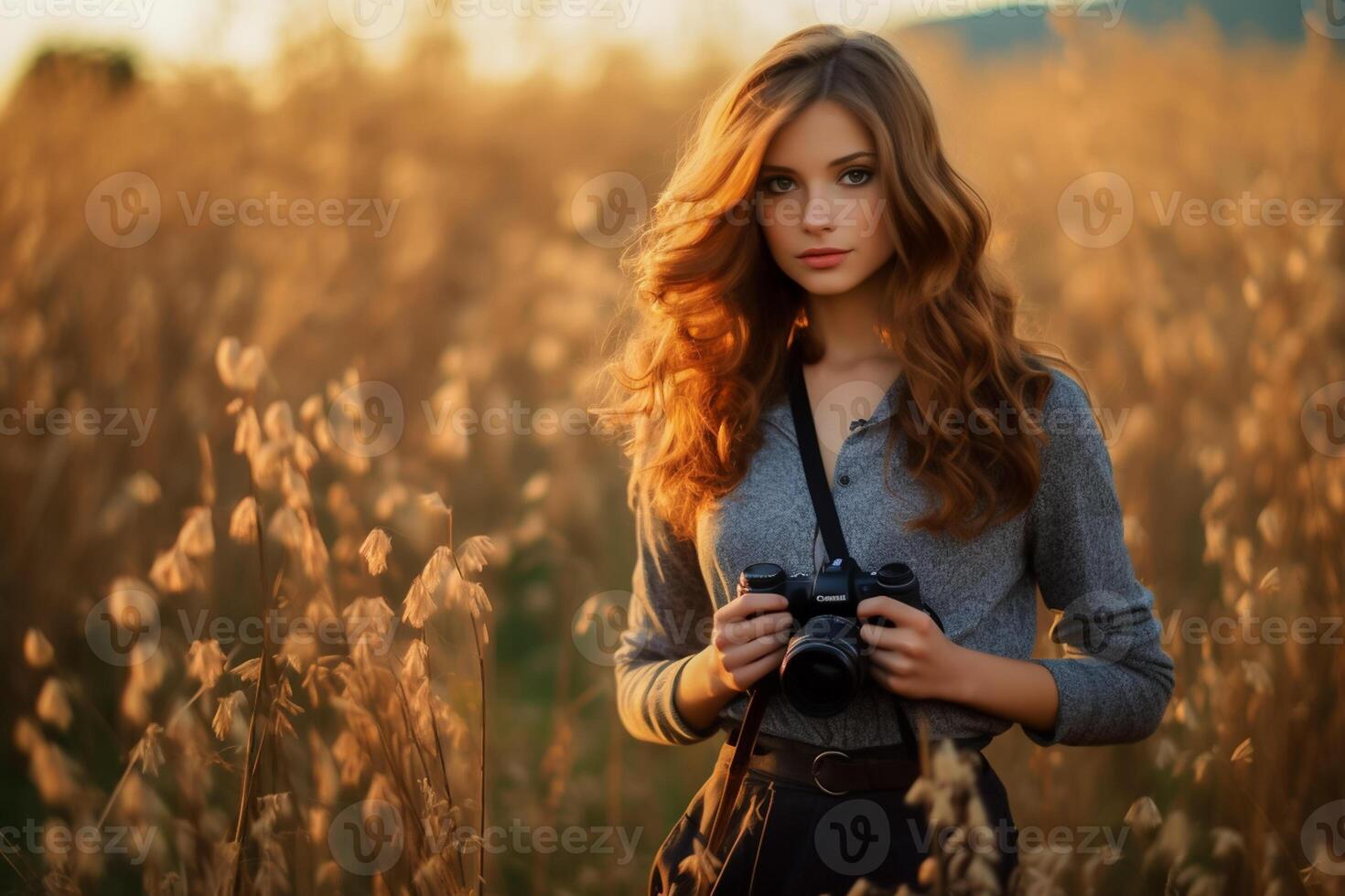 ai gegenereerd portret van een mooi jong blond vrouw in een wit jurk rennen door de gouden tarwe veld- Bij zonsondergang .ai gegenereerd foto