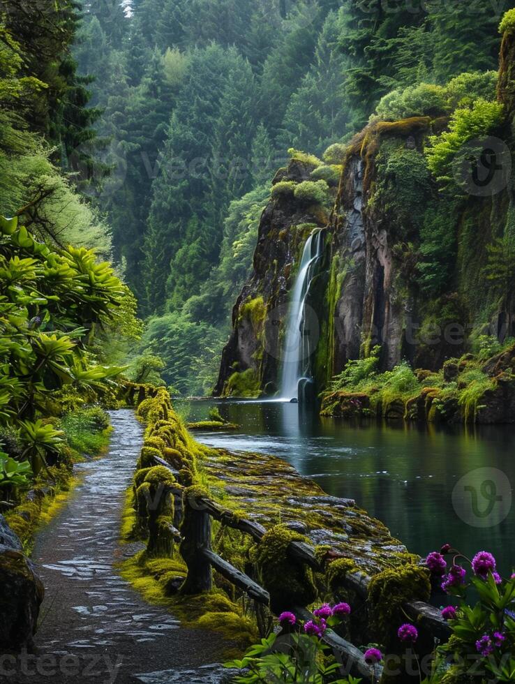 ai gegenereerd sereen beeld vangt pittoreske tafereel van natuur met waterval, Woud, vijver en rotsachtig ai gegenereerd foto