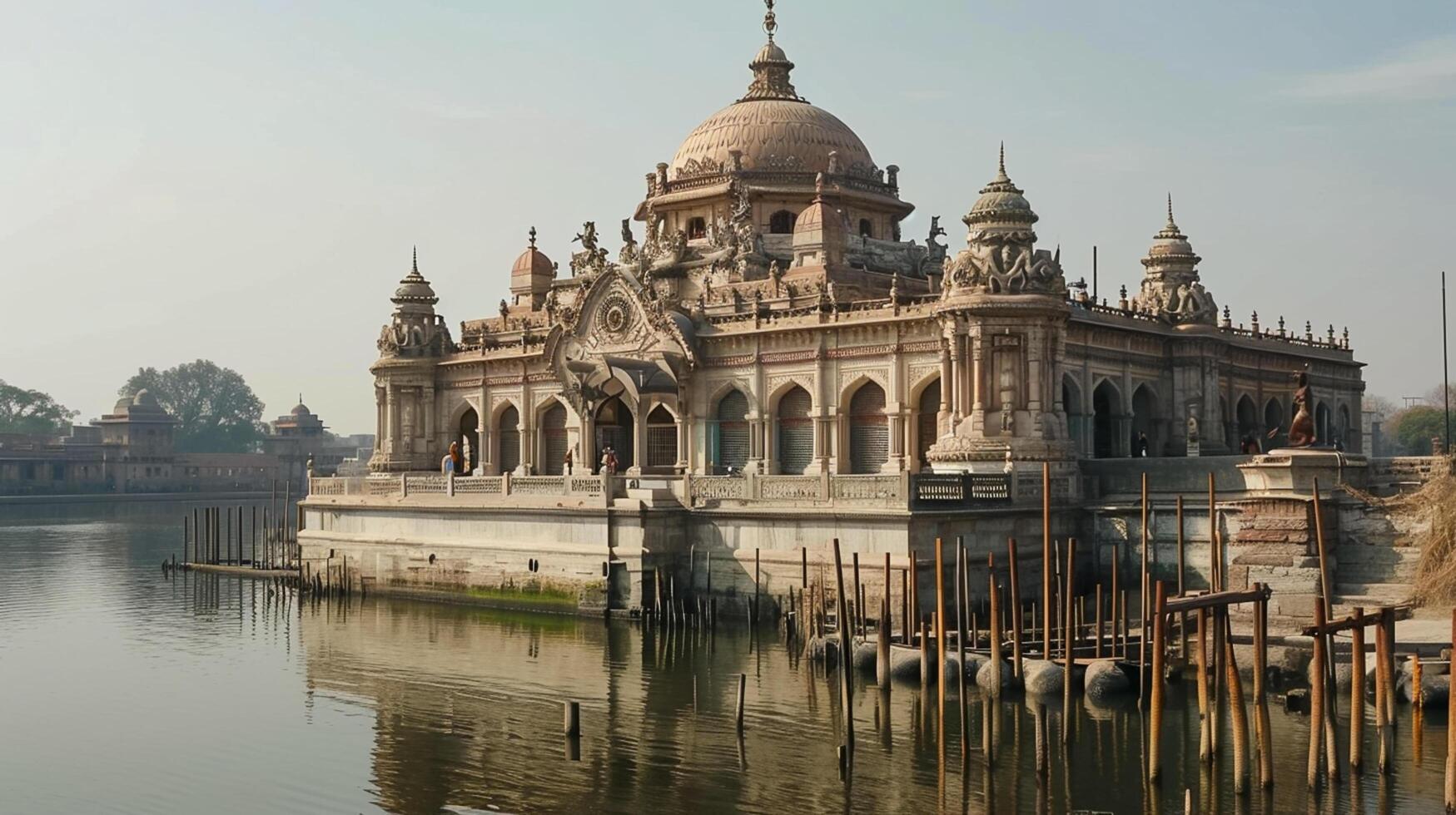 ai gegenereerd foto van majestueus, historisch gebouw met ingewikkeld bouwkundig details, staand naast sereen lichaam van water onder Doorzichtig lucht. de gebouw heeft groot koepel Bij de top ai gegenereerd