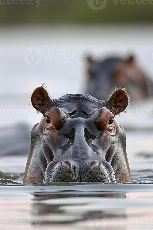 ai gegenereerd nijlpaard hoofd opkomend van de water. de water heeft teder rimpelingen, wijzend op rust ai gegenereerd foto