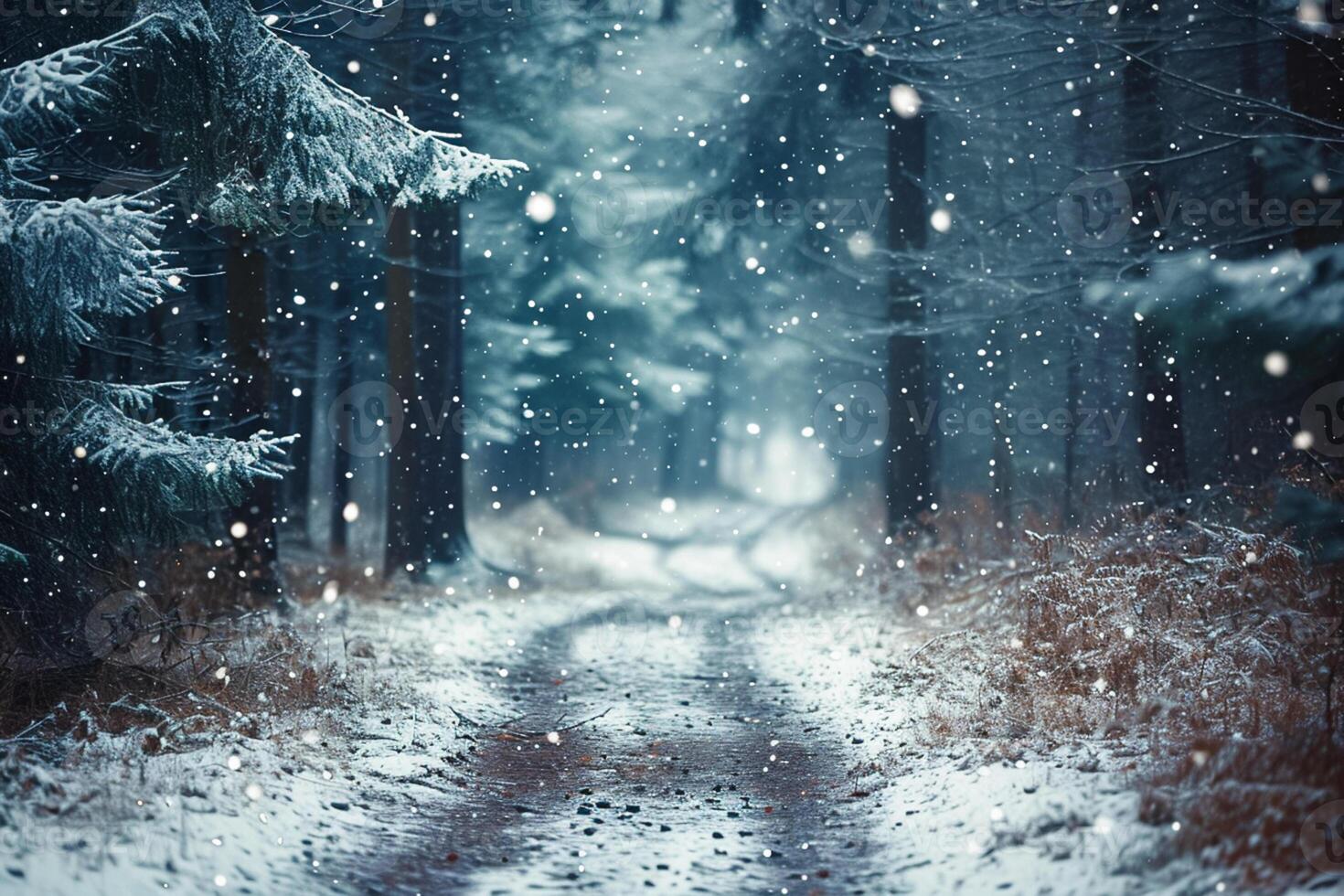 ai gegenereerd beeld van besneeuwd pad kronkelend door dicht Woud van hoog, slank bomen. sneeuwvlokken zijn vallend voorzichtig, toevoegen naar de rustig en sereen atmosfeer ai gegenereerd foto