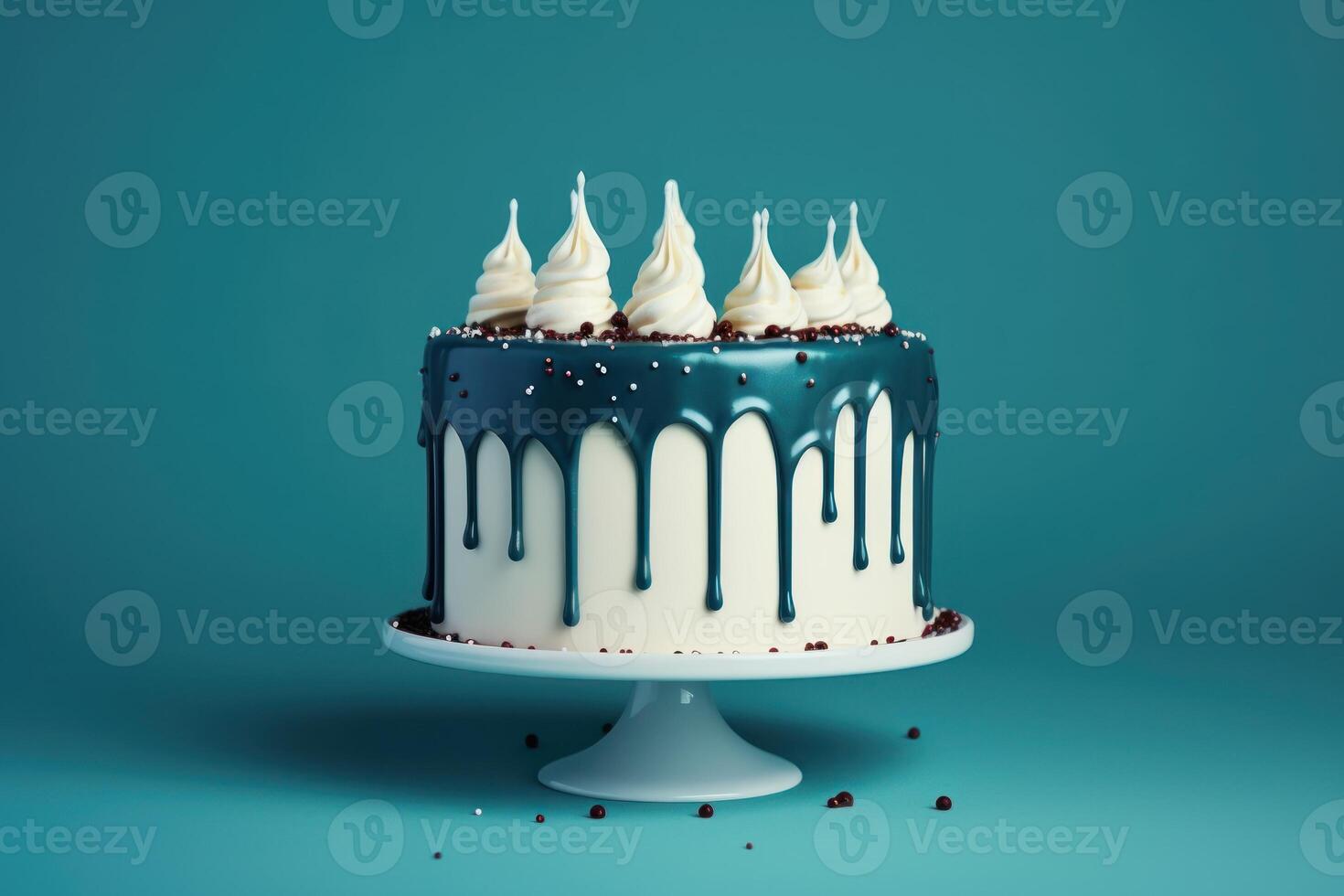wit verjaardag taart met taling ganache Aan donker blauw achtergrond. foto