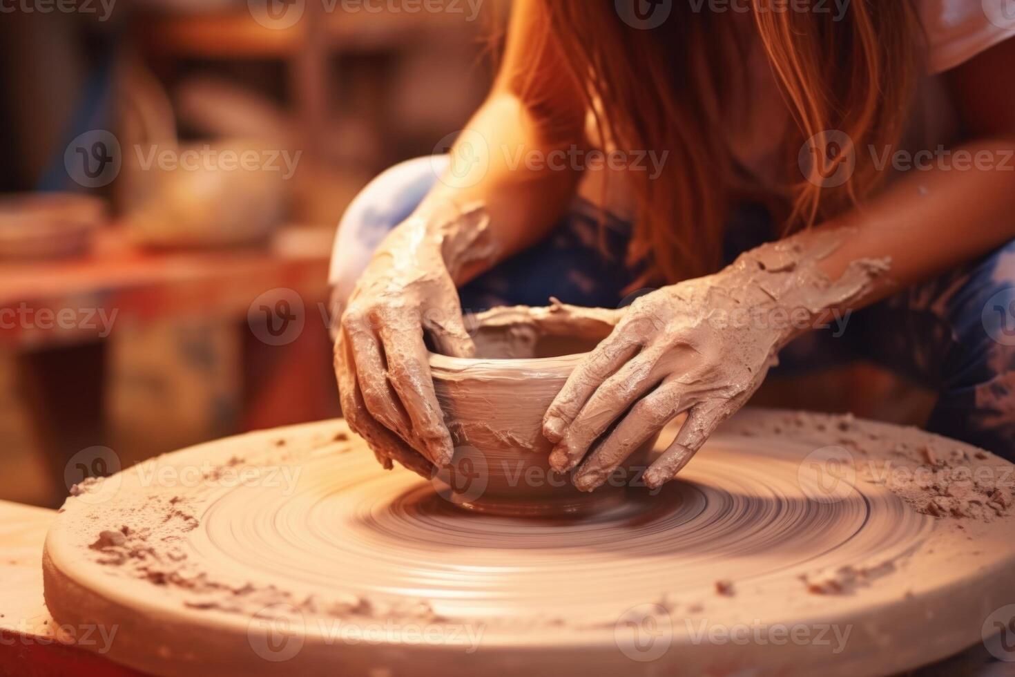 ai gegenereerd tiener- meisje mallen klei pot Aan spinnen wiel. foto