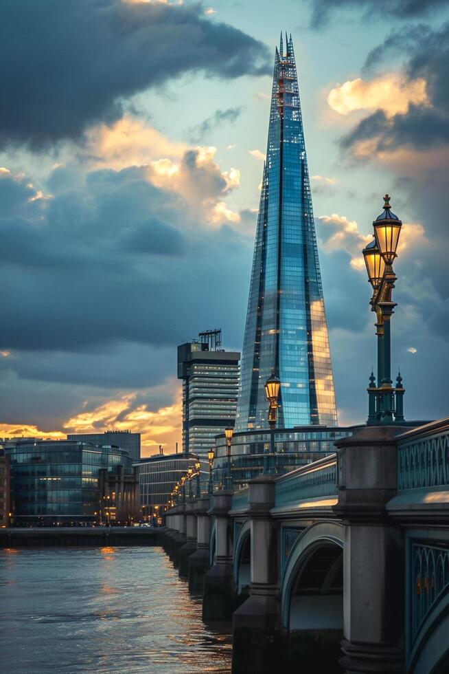 ai gegenereerd de scherf bekend wolkenkrabber in Londen, staand hoog tegen gedeeltelijk bewolkt lucht. de scherf is gebouwd met glas panelen dat reflecteren de omgeving omgeving. ai gegenereerd foto