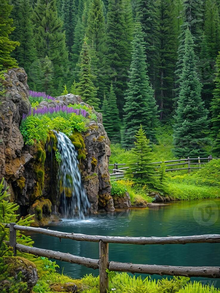 ai gegenereerd sereen beeld vangt pittoreske tafereel van natuur met waterval, Woud, vijver en rotsachtig ai gegenereerd foto