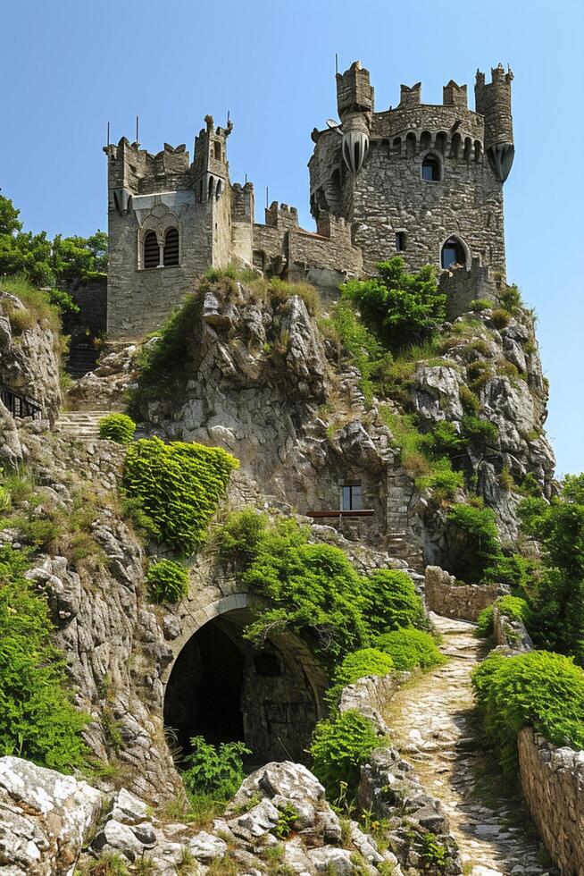 ai gegenereerd majestueus kasteel gebouwd Aan een rotsachtig heuvel, omringd door weelderig groen ai gegenereerd foto