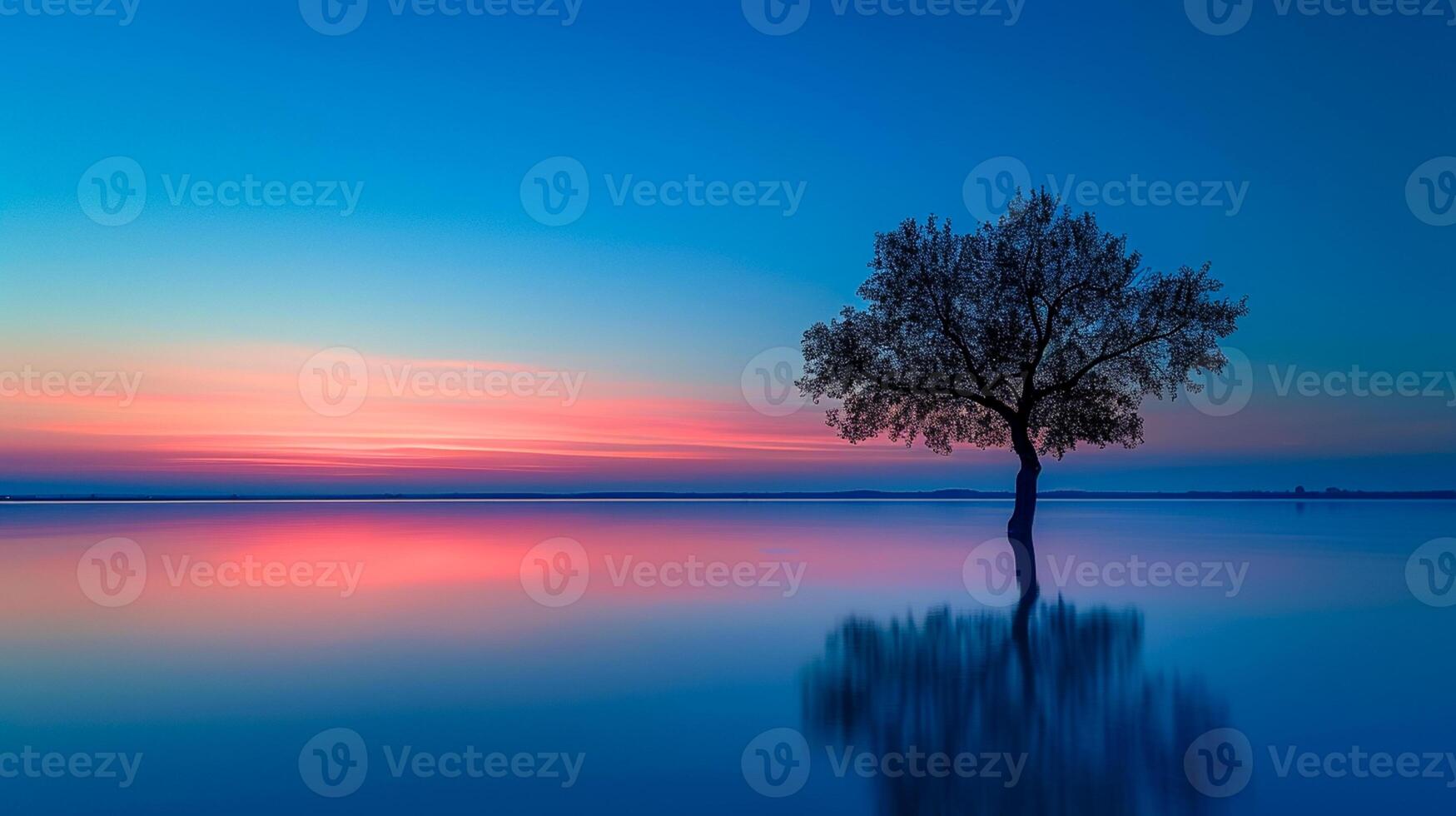 ai gegenereerd sereen foto van eenzaam boom staand gedeeltelijk ondergedompeld in kalmte lichaam van water, met de helling tinten van zonsondergang of zonsopkomst reflecterend Aan de water oppervlak. ai gegenereerd