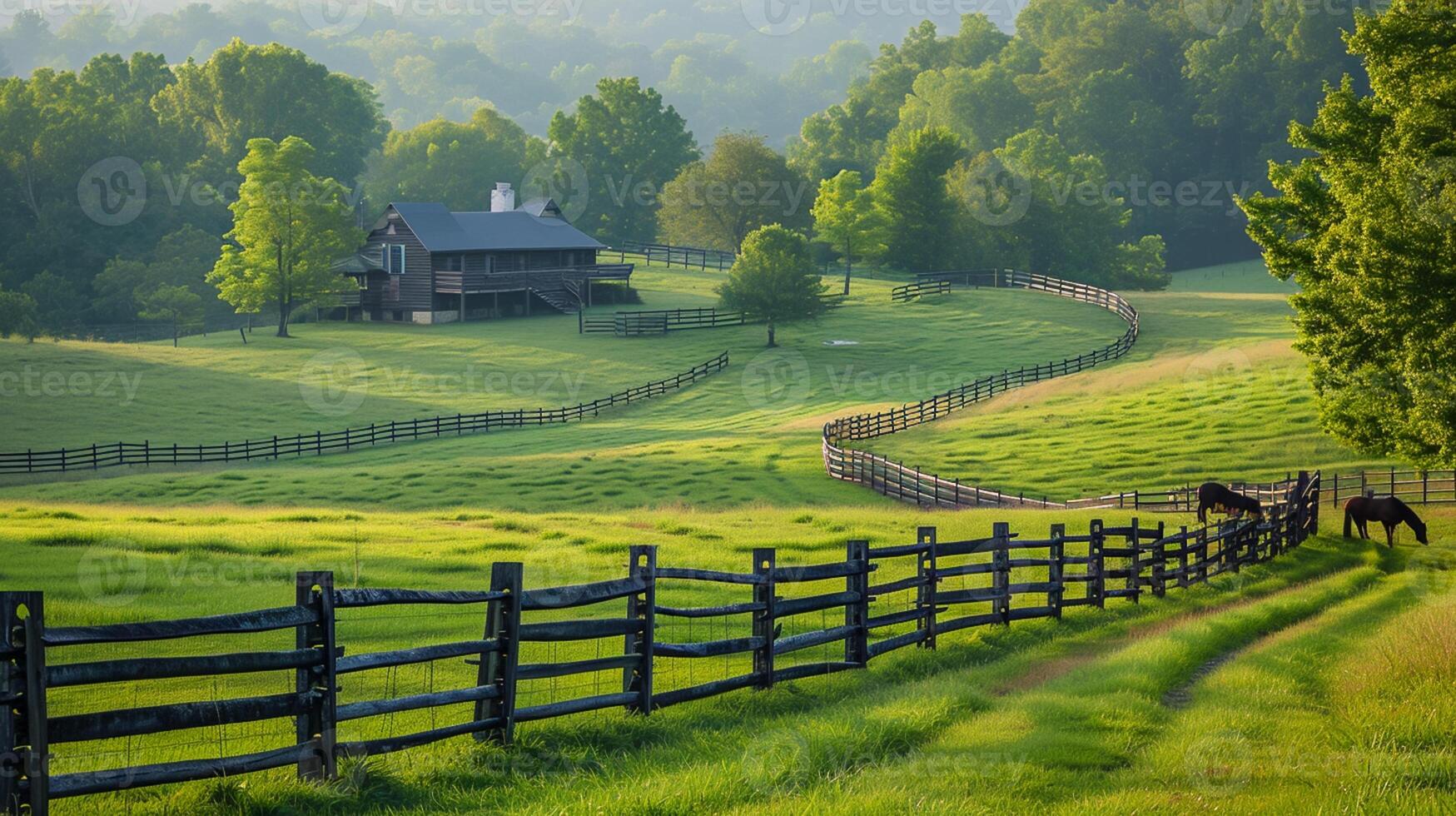 ai gegenereerd spleet het spoor hek strekt zich uit aan de overkant de platteland, huis , verdelen de weelderig groen velden, en paard schaafwonden vredig dichtbij ai gegenereerd foto