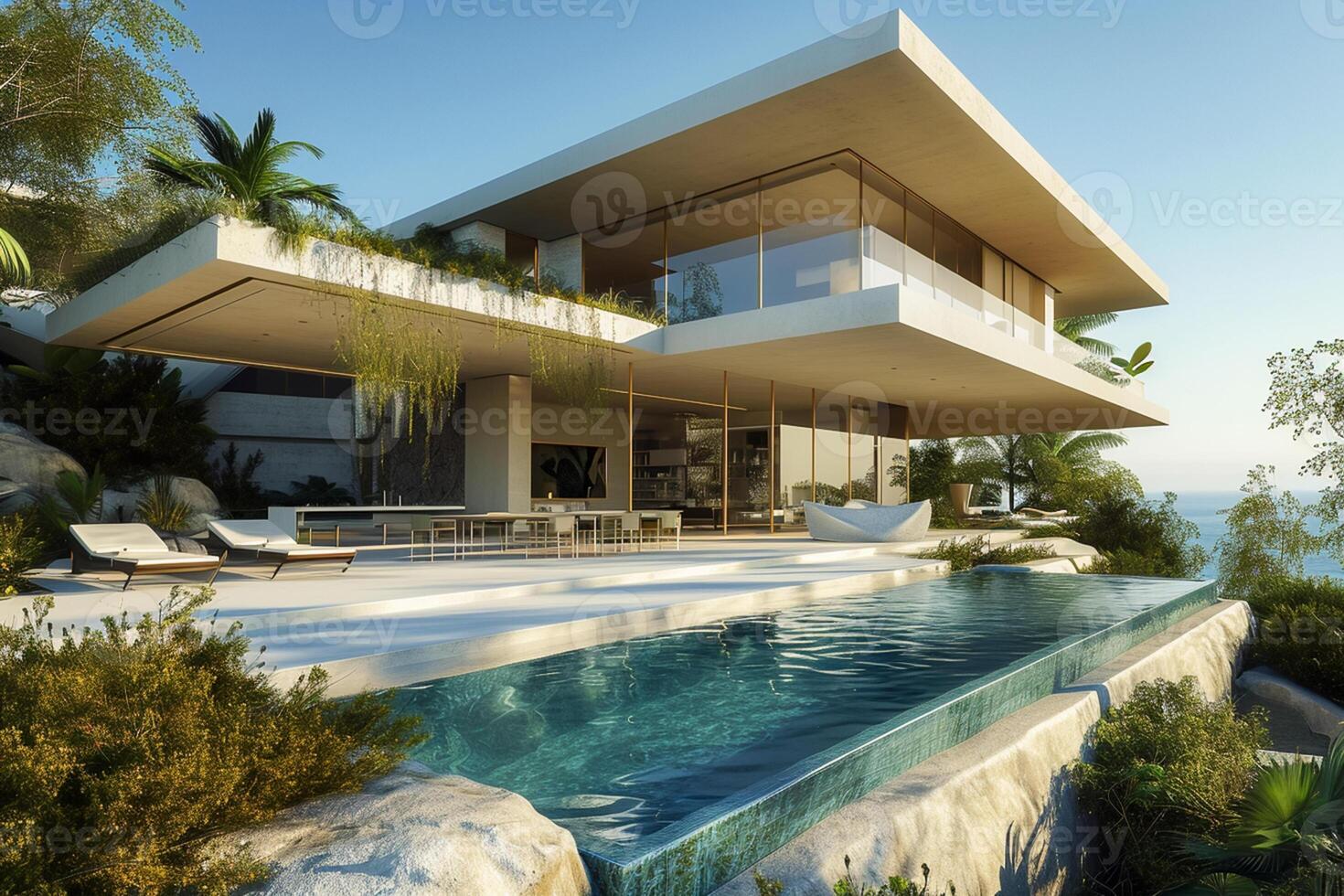 ai gegenereerd modern huis modern villa met zwembad, luxueus interieurs exotisch landschappen ai gegenereerd foto