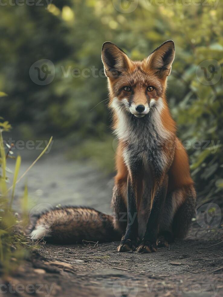 ai gegenereerd een vos zittend aandachtig Aan een pad omringd door natuur ai gegenereerd foto