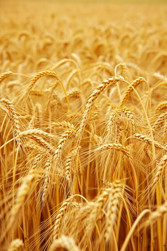 ai gegenereerd foto gouden veld- tarwe wijzend op het is rijp en klaar voor oogst. individu tarwe stengels en granen zijn zichtbaar, tonen detail en textuur. ai gegenereerd