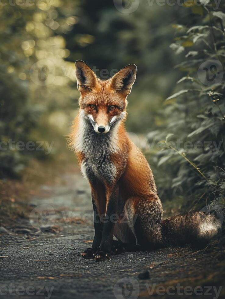 ai gegenereerd een vos zittend aandachtig Aan een pad omringd door natuur ai gegenereerd foto