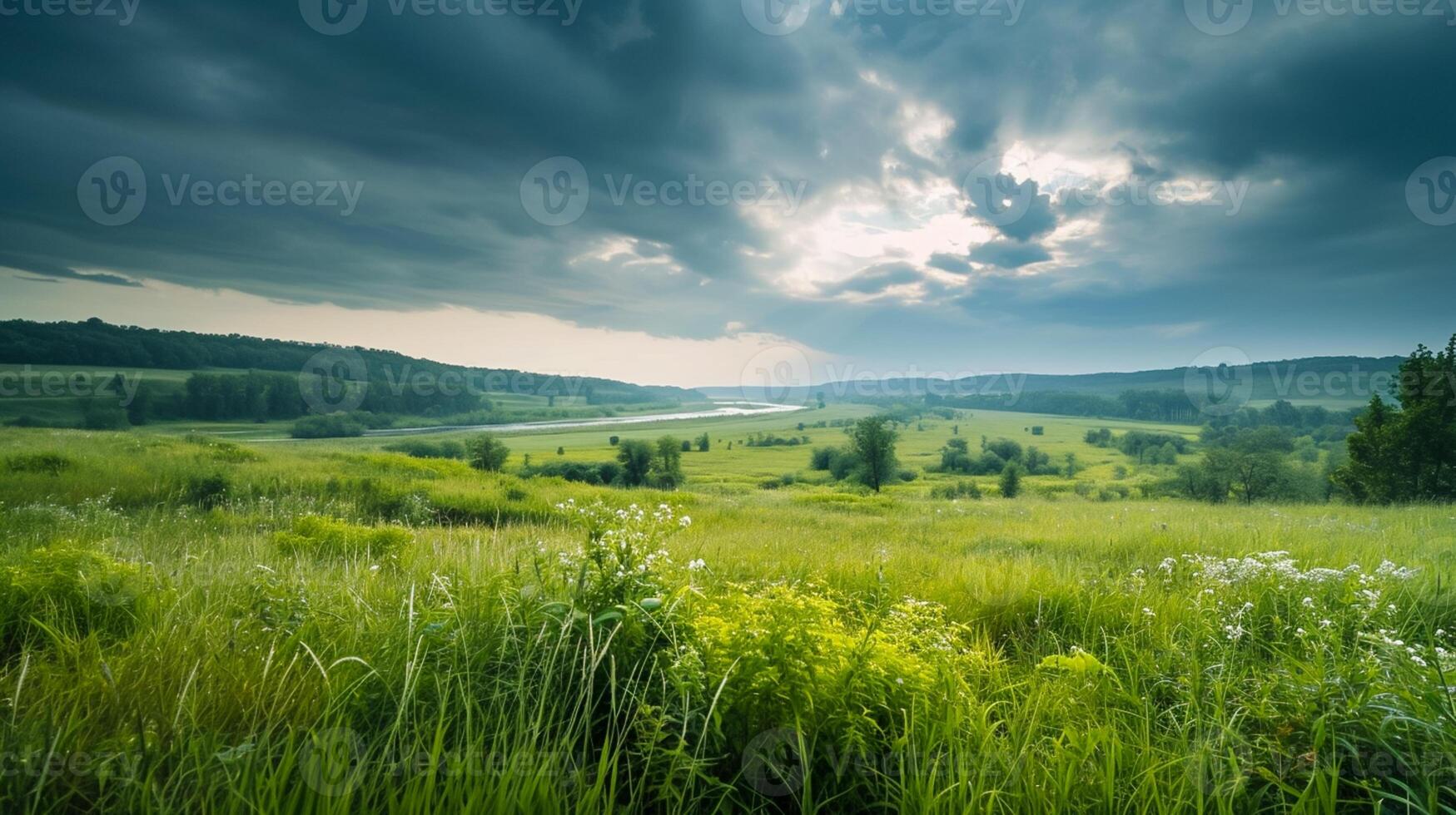 ai gegenereerd foto enorm prairie met groen gras, breed rivier- in de afstand, en weelderig Woud Aan beide kanten, lang blootstelling ai gegenereerd