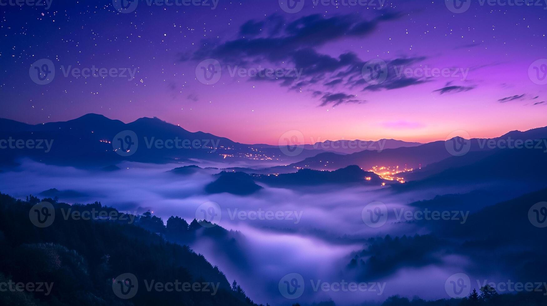 ai gegenereerd bergen in mist Aan mooi nacht. landschap met hoog berg vallei, laag wolken, Woud, Purper lucht met sterren, verhelderend de stad Bij zonsondergang ai gegenereerd foto